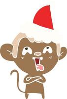 crazy flat color illustration of a monkey wearing santa hat vector