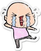 distressed sticker of a cartoon crying bald man vector