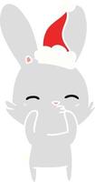 curious bunny flat color illustration of a wearing santa hat vector