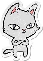 distressed sticker of a cartoon cat staring vector