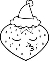 line drawing of a strawberry wearing santa hat vector