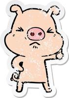 distressed sticker of a cartoon angry pig vector