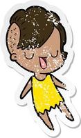 distressed sticker of a cute cartoon girl with hipster haircut vector