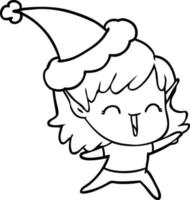 line drawing of a elf girl wearing santa hat vector