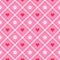 Cute Heart Love Daisy Flower Caring Valentines Day Element Red Pink Diagonal Stripe Striped Line Tilt Checkered Plaid Tartan Buffalo Scott Gingham Pattern Background Vector Cartoon Illustration