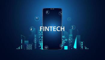 Abstract FinTech Finance Technology applied in the financial business On a modern blue background concept phone and smart city and icons fintech business, futuristic. vector