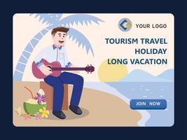 businessman playing guitar, tourism travel holiday long vacation on beach , relaxing, cartoon character vector illustration.