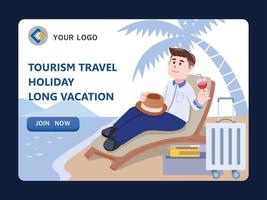 hombre de negocios bebiendo vino, viajes de turismo vacaciones largas vacaciones en la playa, relajante, ilustración de vector de personaje de dibujos animados.