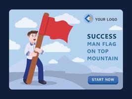 Businessman standing with red flag on mountain peak, Business, success, leadership, cartoon character vector illustration.