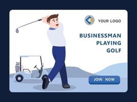 hombre de negocios golpeando golf en el club de golf, conduciendo golf, golfista hombre caricatura personaje vector ilustración.