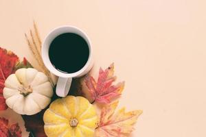 Flatl lay style of autumn and thanksgiving with pumpkin, coffee and maple leaf, copy space photo