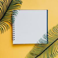 Flat lay of minimal workspace blank notebook with green plant on yellow background, spring and summer concept photo