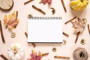 Creative flat lay style of autumn and thanksgiving concept with blank notebook, pumpkins, autumn leaves and cinnamon sticks on pastel color, top view