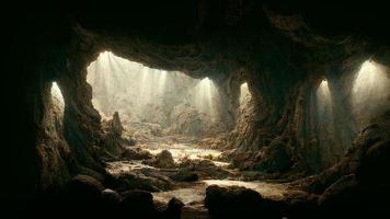 Dramatic light in dark cave landscape, mysterious and surreal, digital art photo