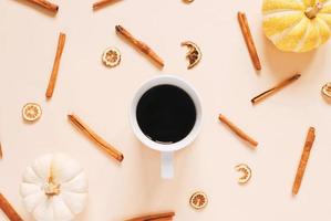 Flat lay style of autumn and thanksgiving concept with coffee, pumpkins and cinnamon sticks on pastel color, top view photo