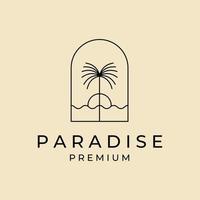 paradise palm tree island line logo vector symbol with sunset illustration design