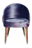 An upholstered semi circular stool with dark purple velor upholstery and wooden legs, isolated on a white background. photo