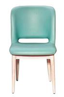 An upholstered chair with muted emerald green leather upholstery and wooden legs, isolated on a white background. photo