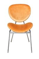 Chair with metal legs, curved upholstered seat and curved back with light brown velor upholstery, isolated on a white background. photo