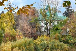 A Christian church with a green roof, domes and gilded crosses emerges through the foliage of the autumn garden. photo