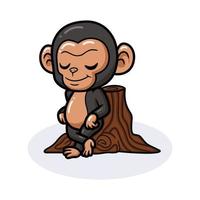 Cute baby chimpanzee cartoon leaning against tree stump vector