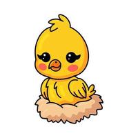 linda caricatura de pollito amarillo sentado en un nido vector