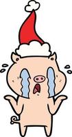 crying pig line drawing of a wearing santa hat vector