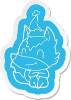 friendly cartoon  sticker of a wolf wearing santa hat vector