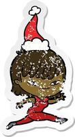 distressed sticker cartoon of a woman wearing santa hat vector