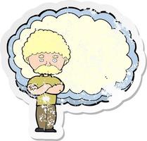 retro distressed sticker of a cartoon man with text space cloud vector