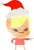 Linda caricatura retro de una chica con corte de pelo hipster con gorro de Papá Noel vector