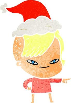 cute retro cartoon of a girl with hipster haircut wearing santa hat