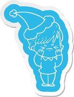 cartoon  sticker of a frustrated woman wearing santa hat vector