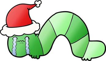gradient cartoon of a caterpillar obsessing over his regrets wearing santa hat vector