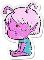 distressed sticker of a cartoon alien girl vector