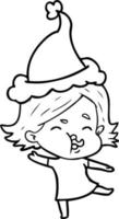 line drawing of a girl pulling face wearing santa hat vector