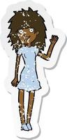 retro distressed sticker of a cartoon happy woman waving vector