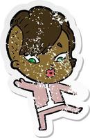 distressed sticker of a cartoon surprised girl in science fiction clothes vector