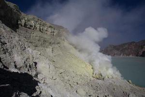 Sulfur mine with workers in Kawah Ijen, Java, Indonesia photo