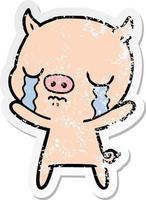 distressed sticker of a cartoon pig crying vector