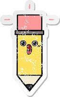 distressed sticker of a cute cartoon pencil vector