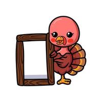 Cute baby turkey cartoon with wooden board vector