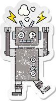 pegatina angustiada de un lindo robot de dibujos animados que funciona mal vector