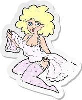 retro distressed sticker of a cartoon woman changing vector