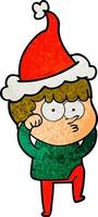 textured cartoon of a curious boy rubbing eyes in disbelief wearing santa hat vector