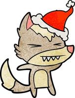 angry wolf textured cartoon of a wearing santa hat vector