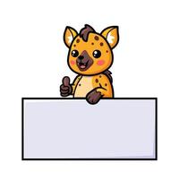 Cute baby hyena cartoon with blank sign and giving thumbs up vector