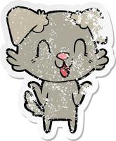 distressed sticker of a laughing cartoon dog shrugging shoulders vector