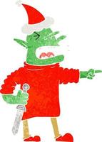 retro cartoon of a goblin with knife wearing santa hat vector