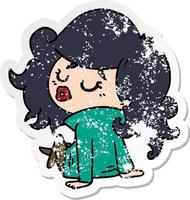 distressed sticker cartoon of cute kawaii girl vector